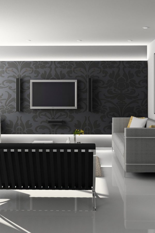 Modern blacxk and white room with white resin floor